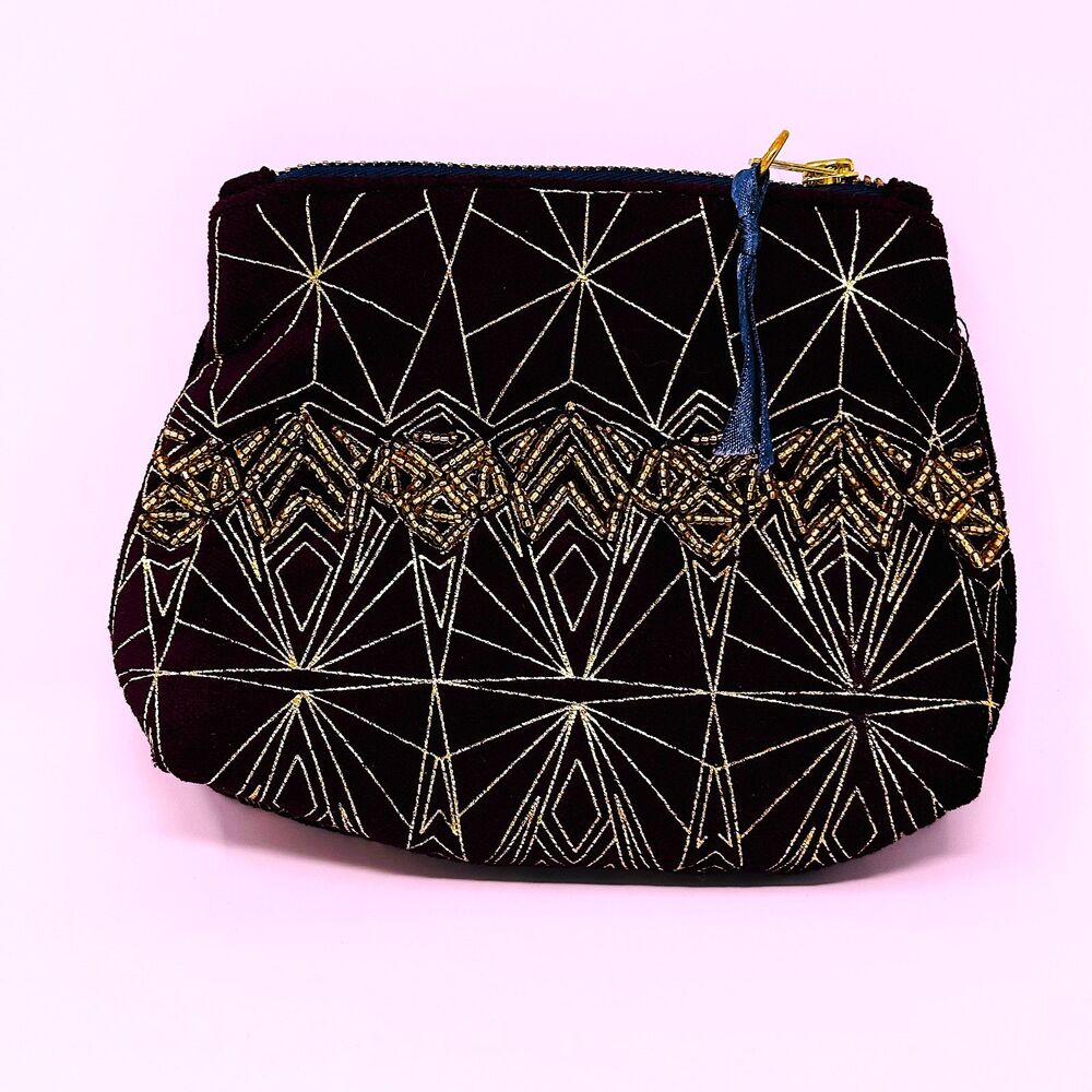 by Anthropologie Elegant Velvety Maroon Cranberry Gold Beaded Clutch Zip Pouch